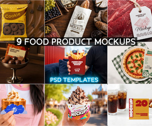 9 Food Beverage Packaging Mockup PSD Templates, Bakery, Fast Food, Meat Tag, Menu