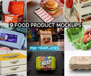 9 Food Beverage Packaging Mockup PSD Templates, Bakery, Fast Food, Meat Tag, Menu