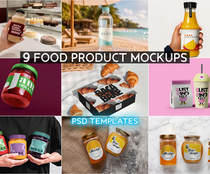 9 Food Beverage Product Mockup PSD Template, Bottles, Glass Jars, Juice, Bakery