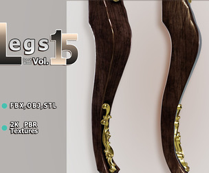 Dark‑Wood Curved Furniture Leg (Vol.15) — Pelia Studio Gold Medallion + Scroll PBR Model