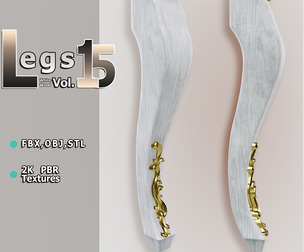 Light‑Wood Curved Furniture Leg (Vol.15) — Pelia Studio Gold Medallion + Scroll PBR Model