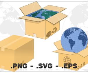 Open cardboard box with world map
