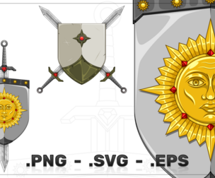 Heraldic shield with sun and sword icon