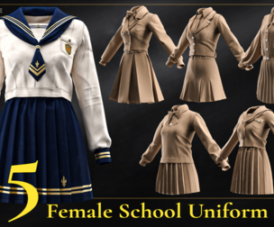 5 Female School Uniforms-Marvelous Designer / Clo3D [FBX, OBJ, ZPRJ]