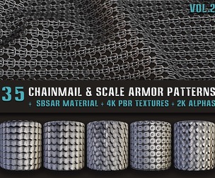 35 Chainmail & Scale Armor Patterns – SBSAR Material + 4K PBR Textures + 2K Alphas – Vol.2