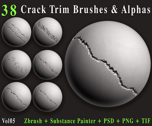 38 Crack Trim Brushes & Alphas + Substance Painter Path Tool - Vol05