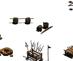 Bonfire - weapon rack - wooden barrels - tables