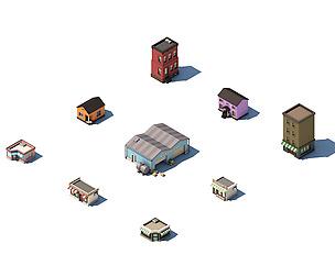 Low Poly Set of City Street Buildings