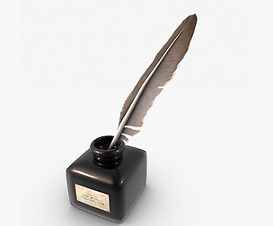 Quill pen and ink black bottle