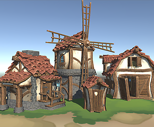 Stylized farm buildings