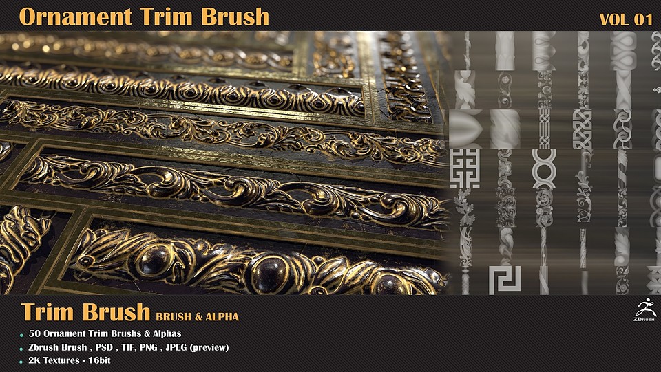 50 Ornament Trim Brushs for Zbrush
