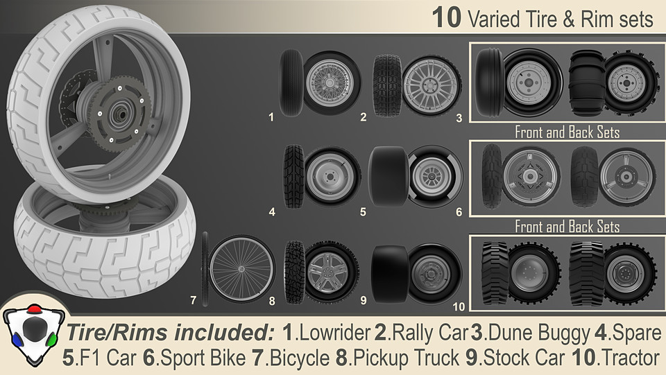 10 Varied Tire and Rim Sets