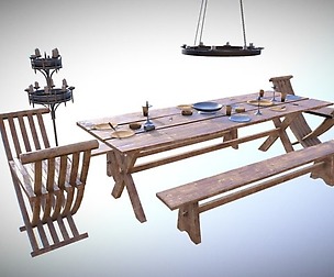 Medieval Dining Table Set VR / AR / low-poly