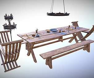Medieval Dining Table Set Low-poly 3D model