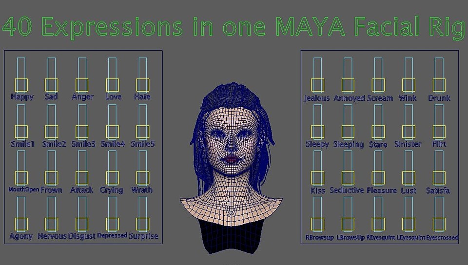 40 Female Expressions in one MAYA Facial Rig