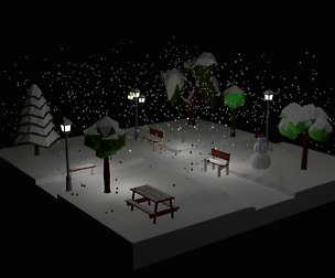 Low Poly Cartoon Winter Park at Night