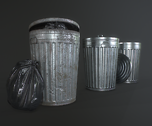 Metal Trash Can with Garbage Bags - Low Poly