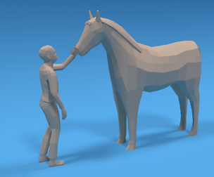 Low Poly Cartoon Kid Touching a Horse