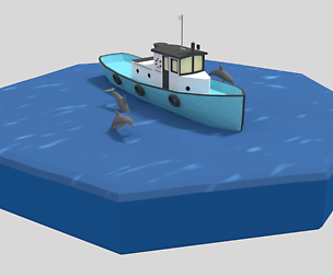 Low Poly Cartoon Fishing Boat and Dolphins