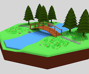 Low Poly Cartoon Forest Bridge Scene