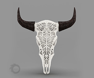 Wall decor Bull Skull with bone carving