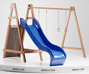 Wooden outdoor swing set with slide 3D Model
