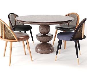 Dining Set 3- By Rattan Chair And Stone Table