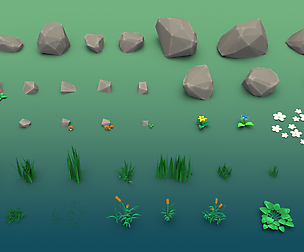 Stones grass flowers and mushrooms