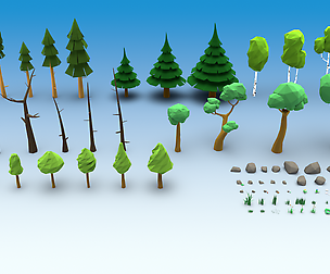 Trees stones mushrooms flowers and grass