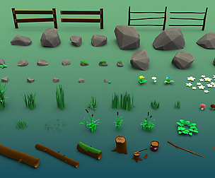 Forest plants stones grass flowers and mushrooms