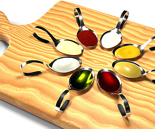 Appetizer sauce spoons and chopping board