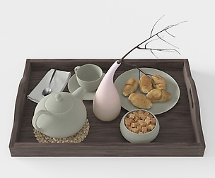 Wooden tray with breakfast on it