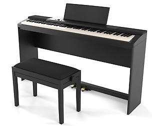 Digital black piano keyboard with piano bench