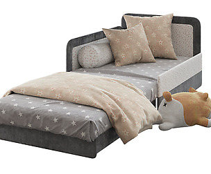 Children open bed sofa and shiba toy
