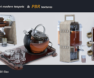 4 different modern teapots + pbr texture
