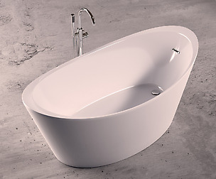 Freestanding oval bathtub with floor-mounted tap