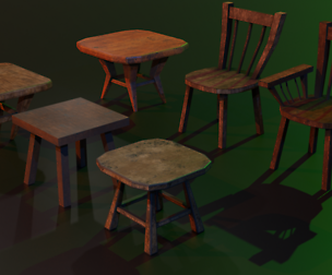 A set of wooden chairs with scuffs and abrasions