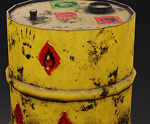 Metal barrel with elements of dirt and stickers