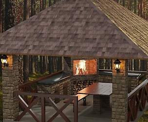 Detailed gazebo with fireplace and lighting